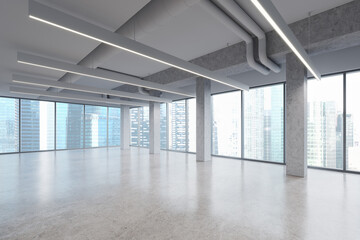 Fototapeta premium Stylish empty office interior with columns and lamps, panoramic window