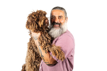 Happy European man holding cute water dog, smiling at camera, posing with pet over transparent...