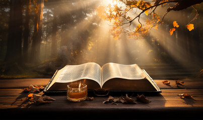 the silhouette of an open Bible is highlighted against the radiant beams of sunlight - obrazy, fototapety, plakaty