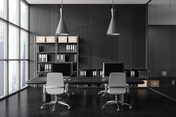 Dark wooden open space office interior with bookcase