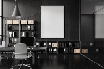Grey office room interior with pc computers and shelf with folders. Mockup frame