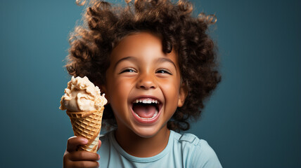 happy boy eating ice cream - obrazy, fototapety, plakaty