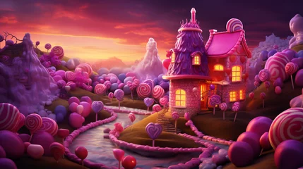 Foto op Canvas Candy land with heart house night © Merab
