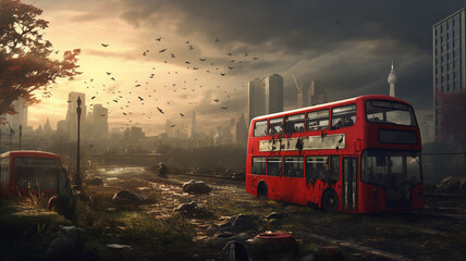 Double-decker English red bus in a ruined city