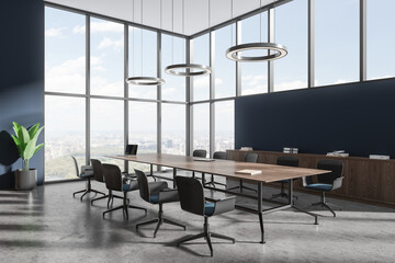 Blue office room interior with meeting board and chairs, panoramic window