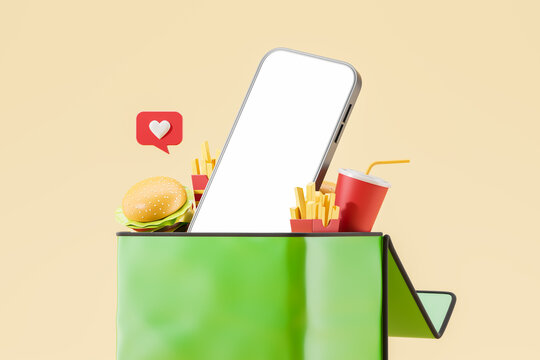 Mock up phone and food container with burgers and fries, online order