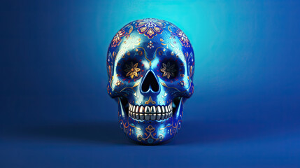A single sugar skull or Catrina on a blue background or wallpaper