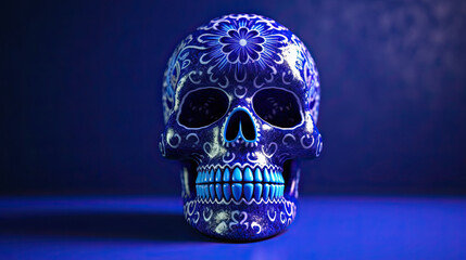A single sugar skull or Catrina on a indigo background or wallpaper