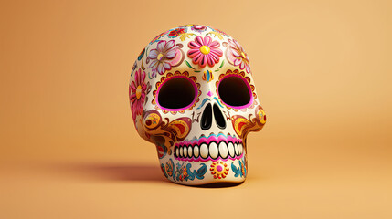 A single sugar skull or Catrina on a beige background or wallpaper