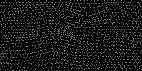 Dark grey abstract wide horizontal banner with hexagon carbon fiber grid and orange luminous lines. Technology vector background with orange neon lines - obrazy, fototapety, plakaty