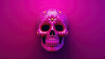 A single sugar skull or Catrina on a dark magenta background or wallpaper