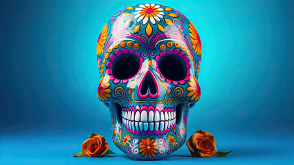 A single sugar skull or Catrina on a vivid blue background or wallpaper