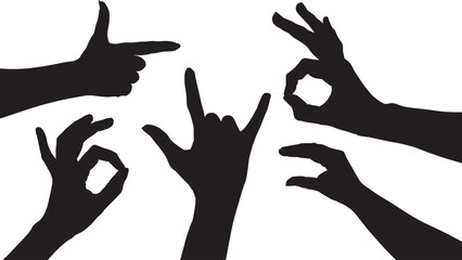 set of hand silhouettes isolated on white, Human hand gestures, collection of black hands, flat, silhouette hands pose collection, Vector illustration.