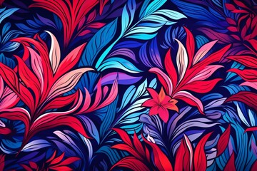 Vivid abstract with tropical-style patterns on red and blue background. Generative AI