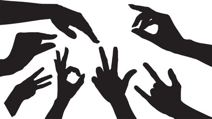 set of hand silhouettes isolated on white, Human hand gestures, collection of black hands, flat, silhouette hands pose collection, Vector illustration.