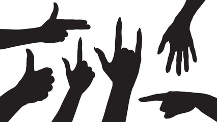 set of hand silhouettes isolated on white, Human hand gestures, collection of black hands, flat, silhouette hands pose collection, Vector illustration.