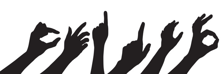 set of hand silhouettes isolated on white, Human hand gestures, collection of black hands, flat, silhouette hands pose collection, Vector illustration.