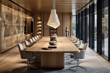 Contemporary boardroom with wooden interior. Generative AI