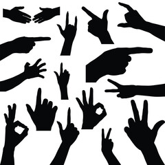 set of hand silhouettes isolated on white, Human hand gestures, collection of black hands, flat, silhouette hands pose collection, Vector illustration.