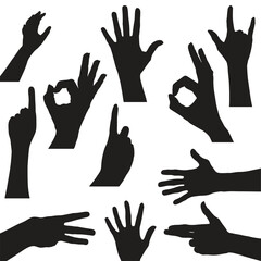 set of hand silhouettes isolated on white, Human hand gestures, collection of black hands, flat, silhouette hands pose collection, Vector illustration.