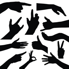 set of hand silhouettes isolated on white, Human hand gestures, collection of black hands, flat, silhouette hands pose collection, Vector illustration.