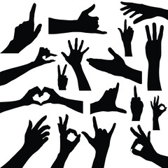 set of hand silhouettes isolated on white, Human hand gestures, collection of black hands, flat, silhouette hands pose collection, Vector illustration.