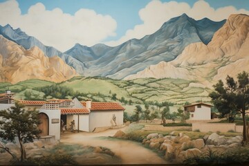 A mural depicts a residence among mountains. Generative AI