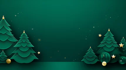 Poster Christmas monochrome in emerald color greeting with Christmas trees  design with golden decorative elements and copy space. Green Merry Christmas and Happy New Year greeting card.  © Tetiana
