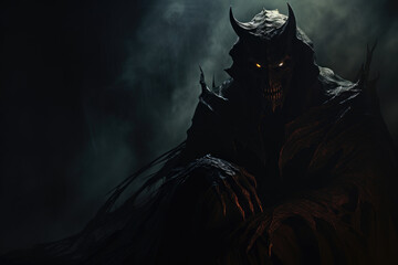 Dark menacing devil figure shrouded in shadows