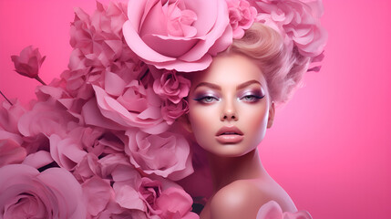 Beauty Art girl blonde with pink peonies flowers in her hair and professional makeup, on a studio pink background with copy space. The concept of naturalness of cosmetic products and cosmetology.