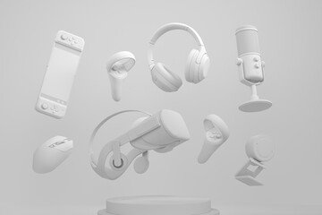 Set of video game microphone, VR glasses and headphones on monochrome podium © Vasyl Onyskiv