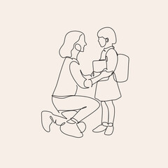 Parents take their children to school line illustration. Line art vector Education