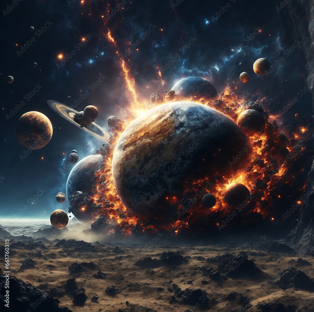 Sticker planetary collisions and explosions in space.generative ai