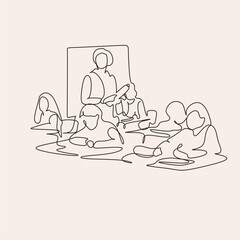 continuous single drawn one line kids on lessons with teacher. Line art. 