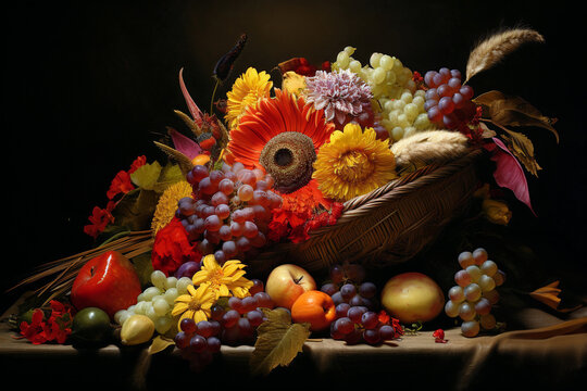 cornucopia basket of flowers, fruit and produce for thanksgiving on dark black background