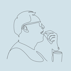A man drinks a pill for pain. Treatment with drugs line art drawing