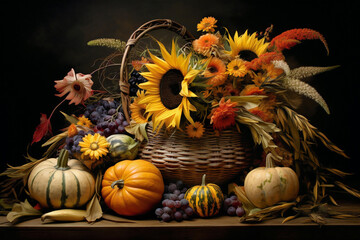 cornucopia basket of flowers and pumpkins for thanksgiving on dark black background - obrazy, fototapety, plakaty