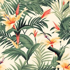 Beach cheerful seamless pattern wallpaper of tropical dark green leaves of palm trees and flowers bird of paradise plumeria on a light yellow background. generative ai.