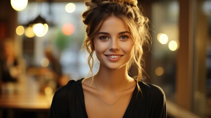 Fototapeta premium Close Up Stylish Attractive Girl With Hairbun Smiling , Background Images , Hd Wallpapers, Background Image