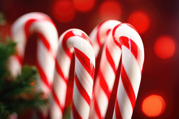 Close-up of a pair of traditional red and white candy canes against a festive background