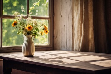 Empty wooden table with flower vase on the window. AI generated Images