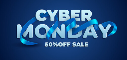 Cyber Monday sale banner with realistic 3d blue ribbon - 661761562