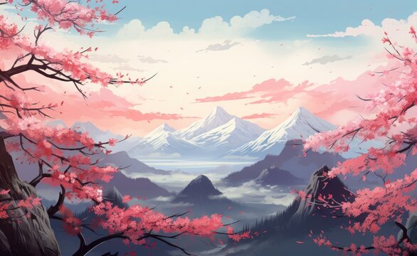 Imagine pink cherry blossoms,pink sakura,beautiful cherry blossoms mountain background. Cherry blossoms are beautiful and pleasing to the eye. you feel relaxed like you're in nature. Generative ai