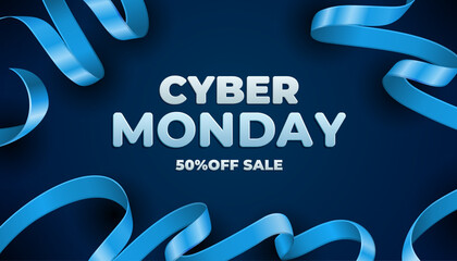 Cyber monday sale design template. Dark banner with blue long ribbon. Vector illustration - 661761959