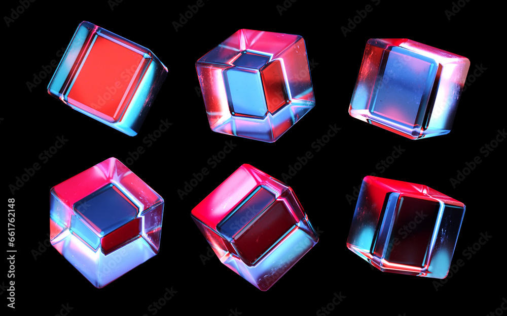 Aufkleber set of glass cubes. transparent colorful 3d cubes. 3d rendering illustration of box. futuristic crystal 3d boxes isolated on dark background