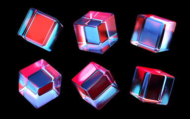 set of glass cubes. transparent colorful 3d cubes. 3d rendering illustration of box. futuristic crystal 3d boxes isolated on dark background