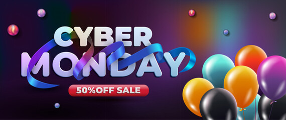 Cyber monday sale white lettering with curve ribbon and balloons. Holiday shopping. Colorful background. Vector illustration. Colorful balloons. - 661762169