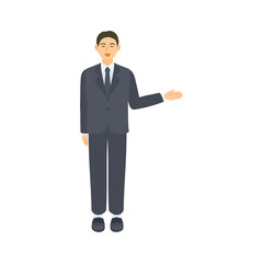 案内する男性会社員。フラットなベクターイラスト。 A male office worker guiding. Flat designed vector illustration.	