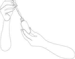 Continuous one line drawing of hand holding glass pipette taking drop from a vial. Cosmetics, oils or medical drops. Skin care concept drawn by single line. Vector illustration.