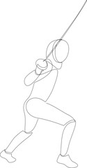 One single line drawing of man fencer athlete in fencing costume exercising motion. Sport concept. Modern continuous line draw design for combative and fighting sport poster. Vector illustration.